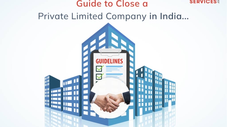 Illustration showing tall buildings with two hands shaking in the foreground and a document labeled "GUIDELINES" with check marks. The text reads "Guide to Close a Private Limited Company in India" with "Kompany Services" logo in the top right.