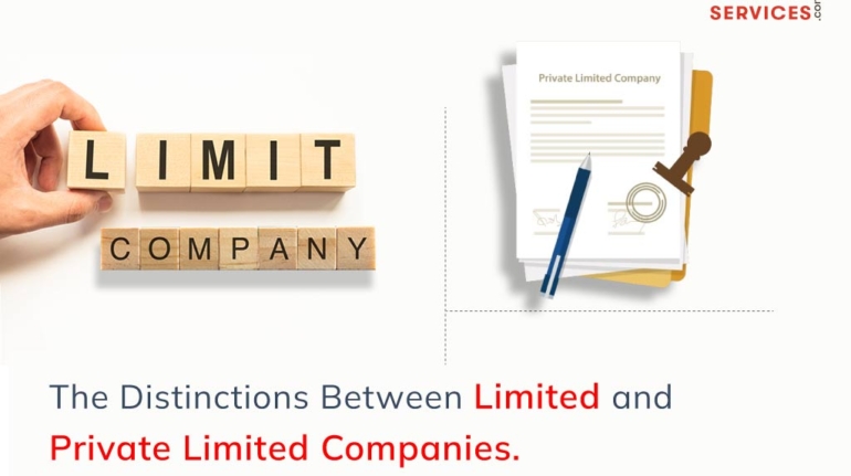 Blocks spelling "LIMIT COMPANY" are on the left, and documents with a pen and a seal, labeled "Private Limited Company," are on the right. Text reads: "The Distinctions Between Private Limited and Limited Companies." Website: www.kompanyservices.com.