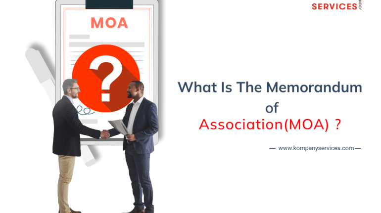 Two men in business attire shaking hands. Behind them is a large document labeled "MOA" with a question mark. Text next to them reads, "What Is The Memorandum of Association (MOA)?" Discover more at the company's website, "www.kompanyservices.com," displayed in the bottom right corner.