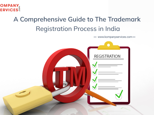 Image showing the text "A Comprehensive Guide to The Trademark Registration Process in India" at the top. Below is a large red 3D 'TM' symbol with a yellow padlock around it, symbolizing protection. A checklist with green checkmarks and an orange check mark is displayed on the right. The website "www.kompanyservices.com" is mentioned.