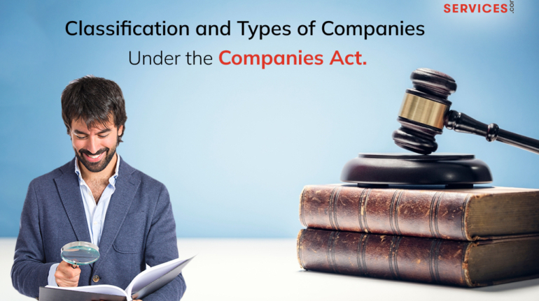 A man in a suit smiles while examining an open book with a magnifying glass. To the right, two large books are stacked, and a gavel is placed on top. Text at the top reads "Classification and Types of Companies Under the Companies Act." The logo "Kompany Services" is in the top right corner.