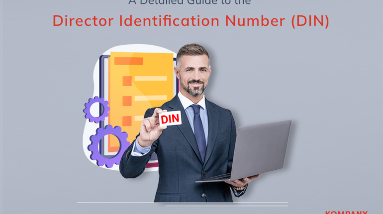 A man in a suit holding a card labeled "DIN" in one hand and a laptop in the other. The background showcases an abstract illustration of documents and gears. The text reads "A Detailed Guide to the Director Identification Number (DIN)." The bottom right corner features "Kompany Services.