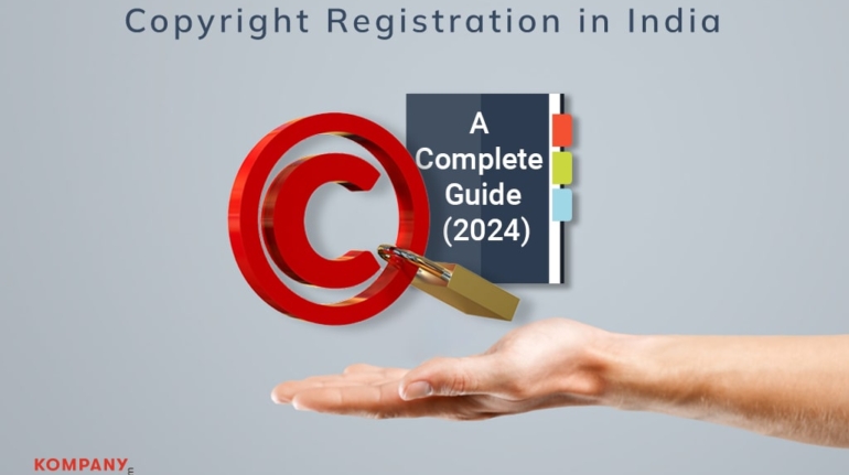 An outstretched hand holding a 3D copyright symbol with a labeled book titled "A Complete Guide (2024)." Background text reads "Copyright Registration in India." Company logo on the bottom left corner reads "Kompany Services.com.