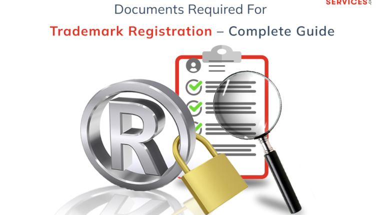 An image showcasing "Documents Required for Trademark Registration – Complete Guide" with a 3D registered trademark symbol, a padlock, and a checklist marked with green checkmarks. A magnifying glass inspects the checklist. The Kompany Services logo is prominently displayed in the top right corner.