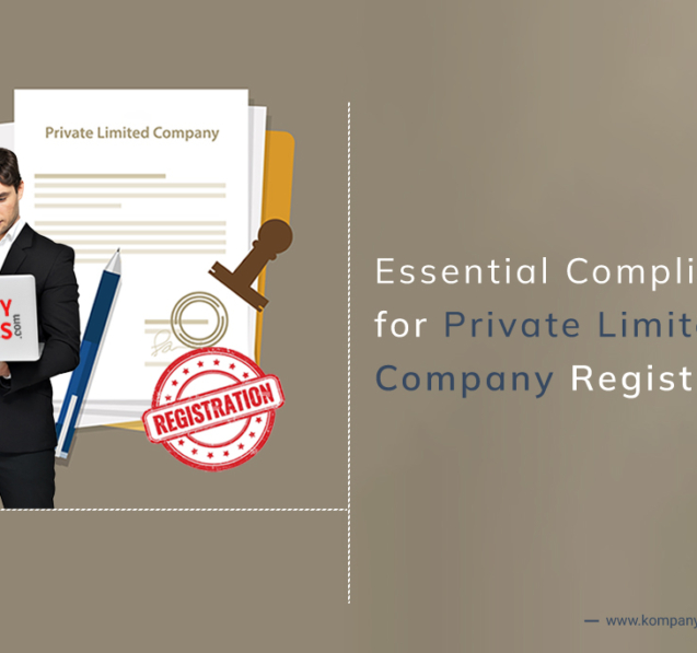 A man in a suit holds a binder labeled "Kompany Services" next to icons representing Private Limited Company registration, including documents, a stamp with "Registration", and a pen. Text reads, "Essential Compliance for Private Limited Company Registration." Visit www.kompanyservices.com for more on private limited companies.