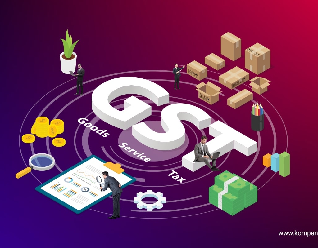 An illustration depicting the concept of GST (Goods and Services Tax) with elements like boxes, coins, documents, a magnifying glass, a plant, stacks of money, and gears. People in business attire are interacting with these items. The text "GST" is prominently featured in the center.