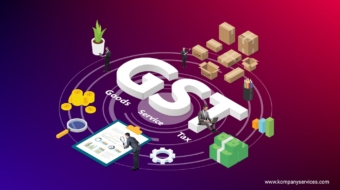 An illustration depicting the concept of GST (Goods and Services Tax) with elements like boxes, coins, documents, a magnifying glass, a plant, stacks of money, and gears. People in business attire are interacting with these items. The text "GST" is prominently featured in the center.