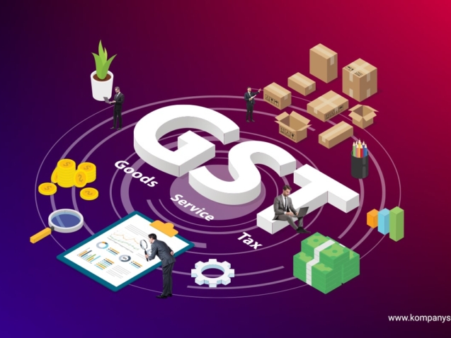 An illustration depicting the concept of GST (Goods and Services Tax) with elements like boxes, coins, documents, a magnifying glass, a plant, stacks of money, and gears. People in business attire are interacting with these items. The text "GST" is prominently featured in the center.