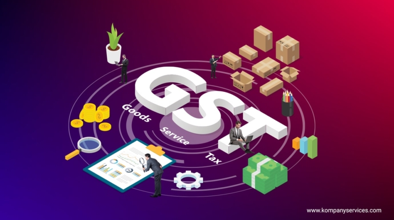 An illustration depicting the concept of GST (Goods and Services Tax) with elements like boxes, coins, documents, a magnifying glass, a plant, stacks of money, and gears. People in business attire are interacting with these items. The text "GST" is prominently featured in the center.