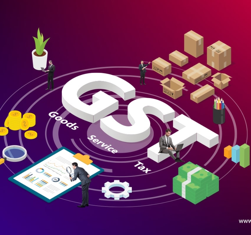 An illustration depicting the concept of GST (Goods and Services Tax) with elements like boxes, coins, documents, a magnifying glass, a plant, stacks of money, and gears. People in business attire are interacting with these items. The text "GST" is prominently featured in the center.