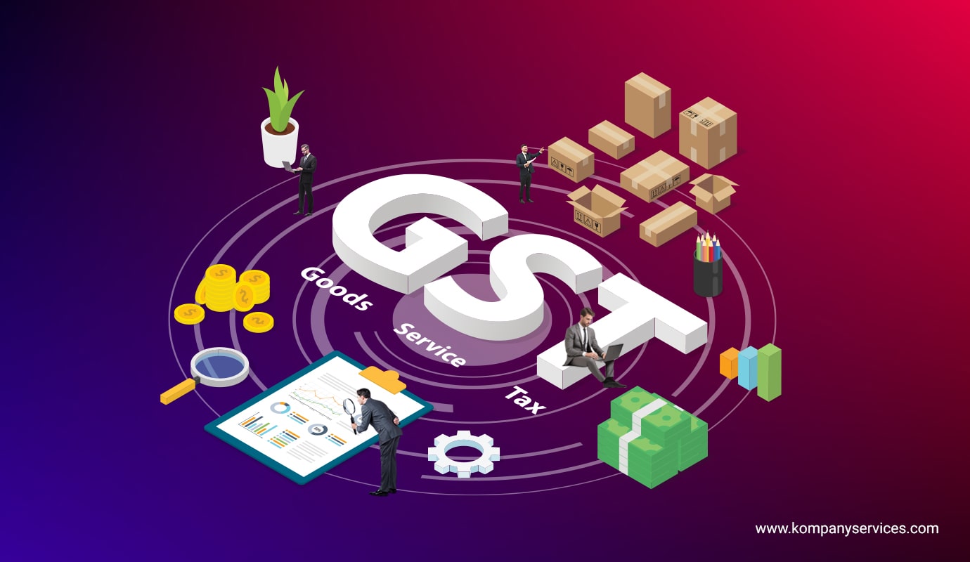 An illustration depicting the concept of GST (Goods and Services Tax) with elements like boxes, coins, documents, a magnifying glass, a plant, stacks of money, and gears. People in business attire are interacting with these items. The text "GST" is prominently featured in the center.