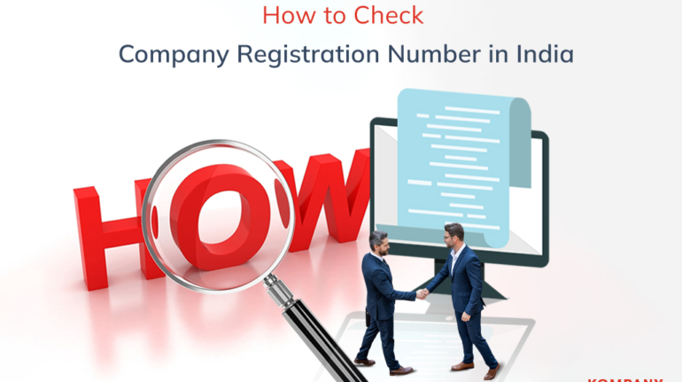 Illustration showing text "How to Check Company Registration Number in India" with two men in business attire shaking hands, a large magnifying glass, and a computer screen displaying a document. Kompany Services' logo is at the bottom right corner.