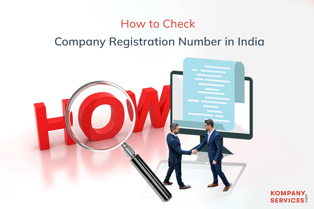 Illustration showing text "How to Check Company Registration Number in India" with two men in business attire shaking hands, a large magnifying glass, and a computer screen displaying a document. Kompany Services' logo is at the bottom right corner.