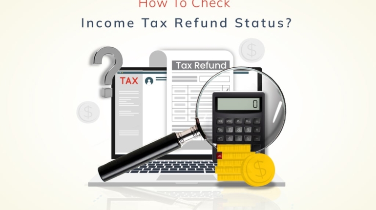 Illustration showing a laptop with an "Income Tax Refund" webpage on its screen, a large question mark, a magnifying glass, a calculator, a pen, and a stack of coins. The text at the top reads "How to Check Income Tax Refund Status?" with the website www.kompanyservices.com.