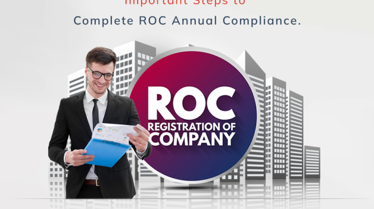 A smiling man in a suit and glasses holds a blue clipboard with documents. Behind him, a graphic with city buildings and a large circle reads: "ROC Registration of Company." The text above says, "Important Steps to Complete ROC Annual Compliance." For more information, visit www.kompanyservices.com.