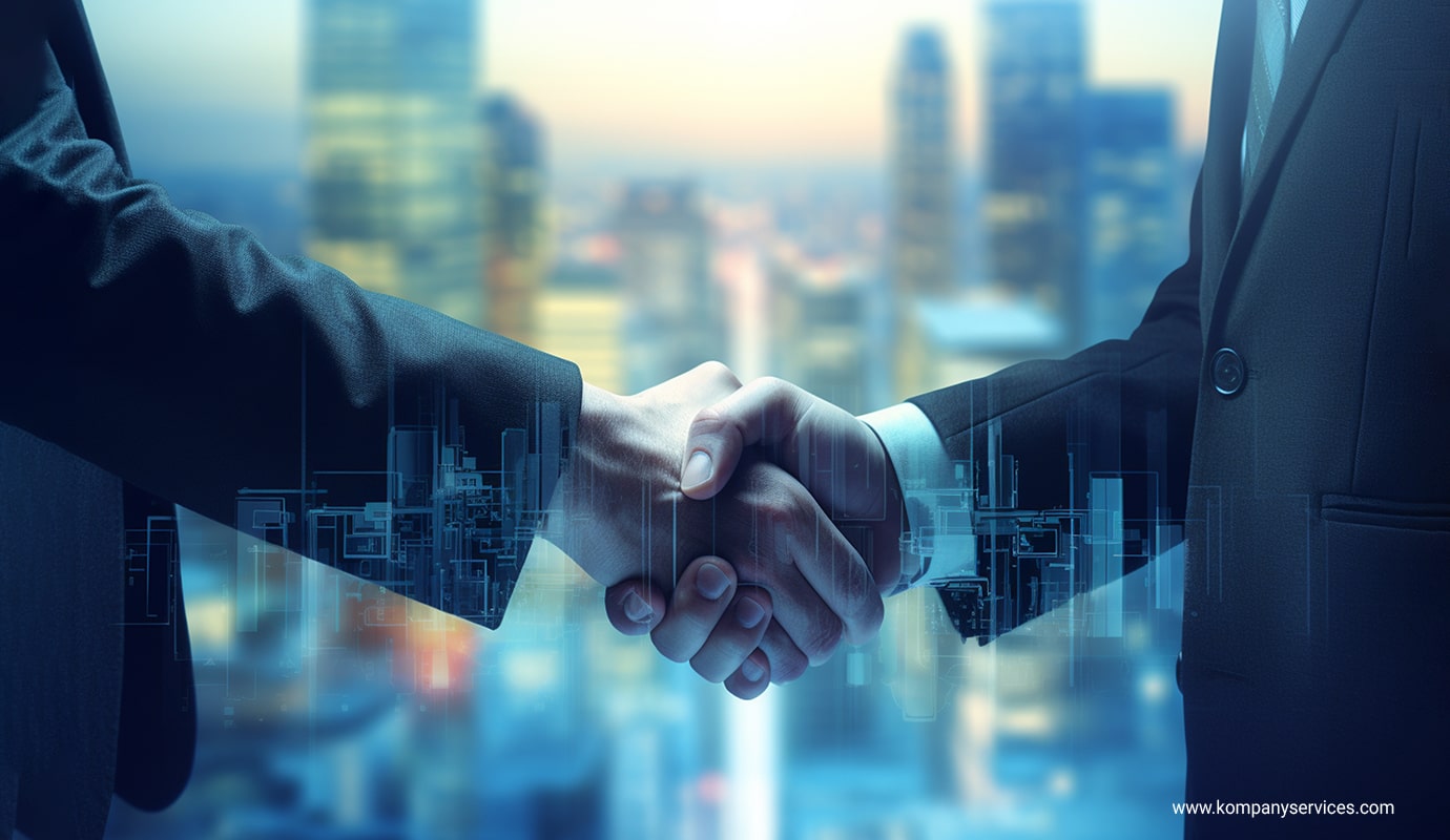 Two people in business attire shake hands, symbolizing a limited partnership or agreement. The background features a blurred cityscape, and digital overlays of city buildings are visible over their hands, suggesting innovation or technological collaboration.
